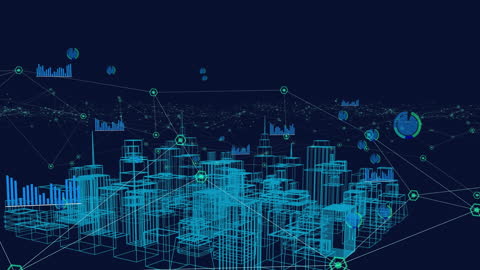 Digital Network Cityscape with Data Processing Elements
