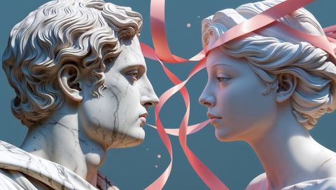 Classical marble busts with pink ribbons, elegance and art in focus