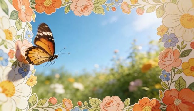 Monarch butterfly hovering over sunlit wildflower meadow with hand-drawn floral frame