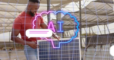 Man handling solar panel with ai interface in greenhouse environment