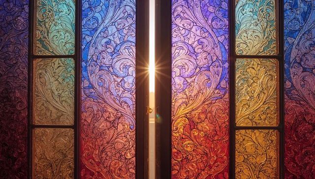 Sunbeam illuminating colorful stained glass with ornate patterns