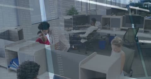 Diverse Team Brainstorming in Modern Office with Coding Overlay