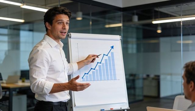 Business leader presenting rising sales chart on flip chart in modern glass office