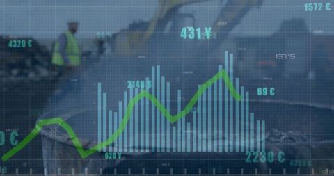 Finance Data Overlay with Worker on Waste Site