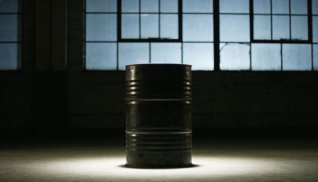 Weathered Steel Drum Standing in Spotlight on Concrete Warehouse Floor with Gridded Windows