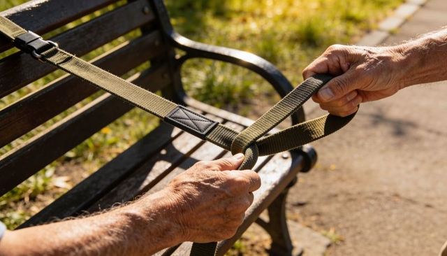 Senior hands securing bench strap with olive webbing, tying knot outdoors for safety