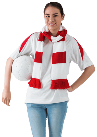 Enthusiastic Young Fan Holding Soccer Ball with Red and White Scarf Transparent
