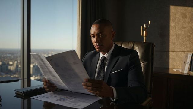 Executive reviewing financial reports at high-rise desk during golden hour