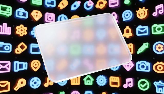 Floating frosted glass panel blurring neon app icons on dark futuristic backdrop