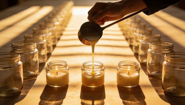 Artisan wax pouring into glass jar candles at golden hour warm sunlight and shadows