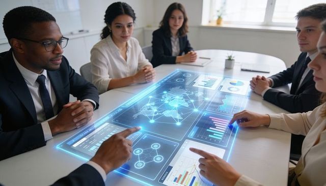 Business team collaborating on holographic data table showing global analytics and strategy