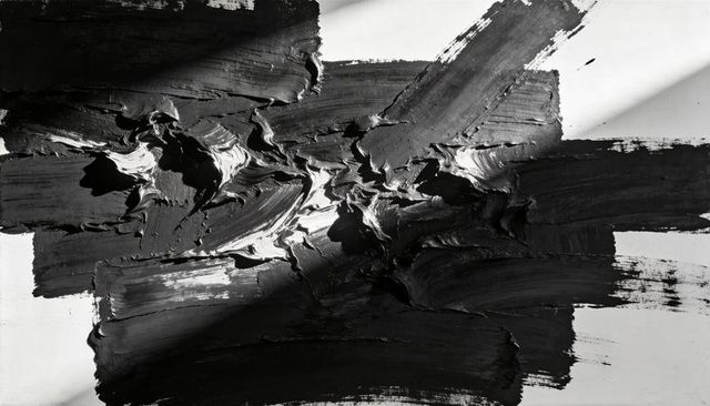 Bold black impasto strokes on white canvas palette-knife texture monochrome minimalism