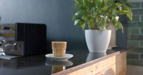 Small latte glass resting on glossy black counter with saucer and potted plant reflection