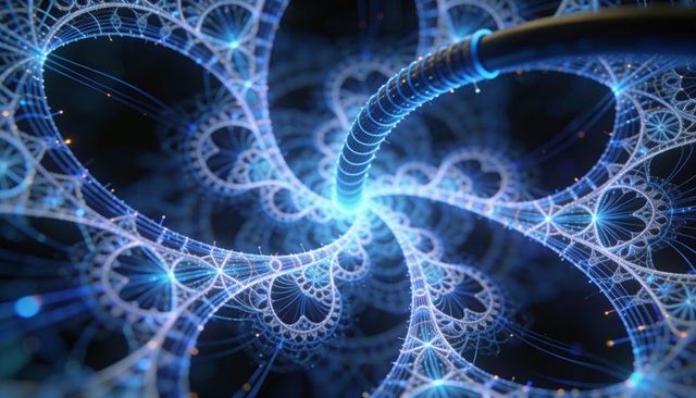 Twisting glowing cable branching into intricate fractal lace rings with neon network nodes