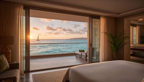 Oceanfront Sunset Suite Overlooking Turquoise Sea with Open Balcony and Sailboat on Horizon