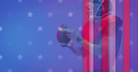 Quarterback holding football with patriotic stars and stripes overlay on blue background