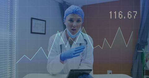 Doctor explaining patient data on tablet with digital chart overlay, healthcare analytics