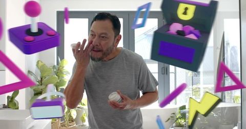 Man applying eye cream at bathroom mirror with augmented reality skincare overlays