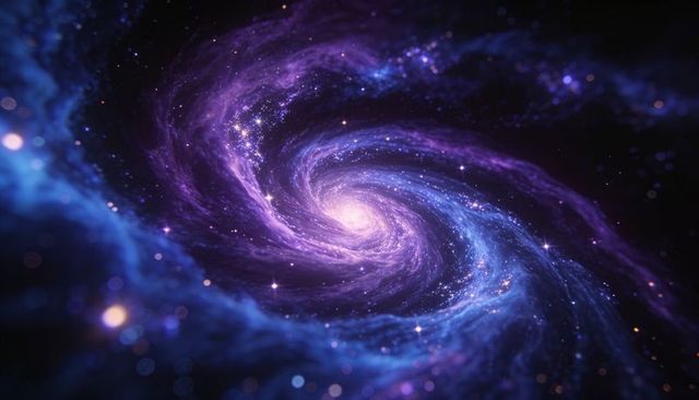 Swirling violet blue spiral galaxy with radiant core and star clusters in deep space