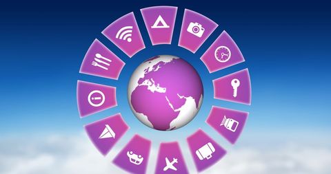 Digital Travel Interface with Global Icons on Sky Background - Download Free Stock Images Pikwizard.com