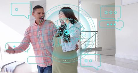 Expectant couple touring modern sunlit home with smartphone and ai home search overlay