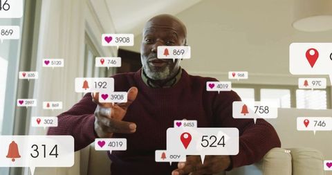 Gesturing middle-aged man surrounded by social media notifications