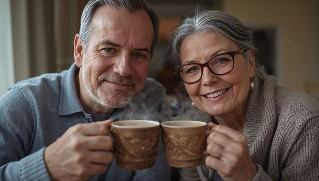 Smiling senior couple enjoying steaming coffee in cozy knit sweaters and glasses at home