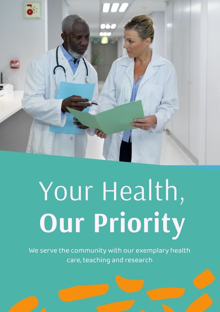 The visual shows two medical professionals examining documents in a modern hospital corridor. Ideal for use in healthcare advertisements, medical educational materials, promotional content for hospitals or clinics, and illustrating teamwork in healthcare settings.