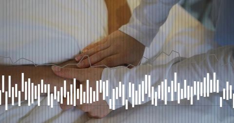 Korean couple holding hands on white bedding with waveform overlay showing tender support