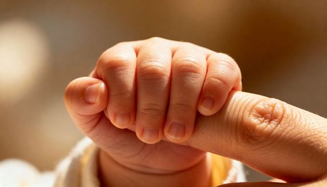 Newborn gripping adult finger closeup conveying tenderness, warmth and parent-child bond