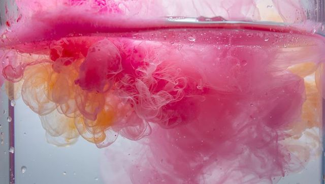 Magenta peach ink clouds diffusing in glass tank with air bubbles