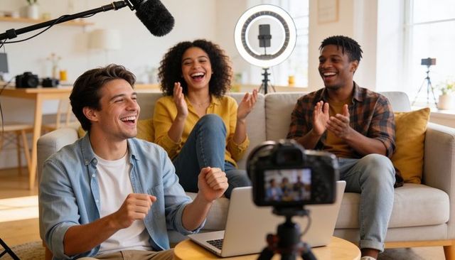 Creators celebrating live stream collaboration in cozy home studio with dslr ring light