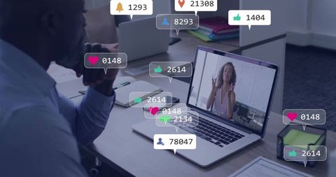 Businessman watching remote presentation with social engagement metrics overlay
