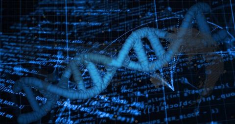 Rotating 3d dna helix displaying holographic data overlay for genome analytics visualization