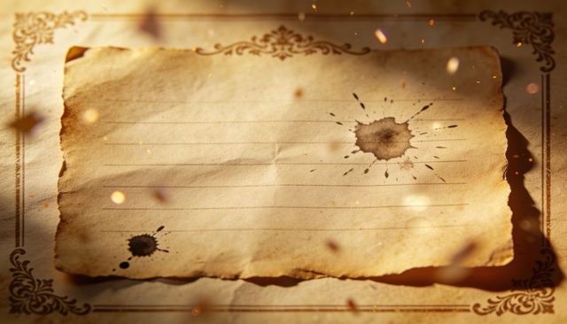Aged lined parchment with ink splatter, burn marks and glowing embers on ornate backing