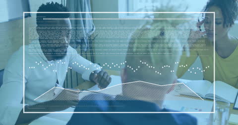 Diverse Team Collaborates with Digital Data Overlay in Office