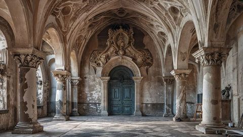 Ornate entrance in abandoned historic chapel with elaborate arch