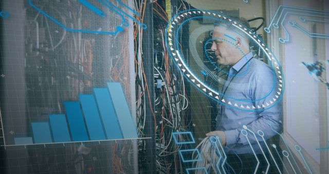 Engineer Monitoring Server Room with Digital Data Overlay - Download Free Stock Images Pikwizard.com