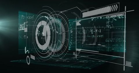 Futuristic holographic interfaces with digital code and equations