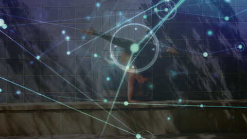 Digital Connection Overlay on Yoga Enthusiast Exercising Outdoors