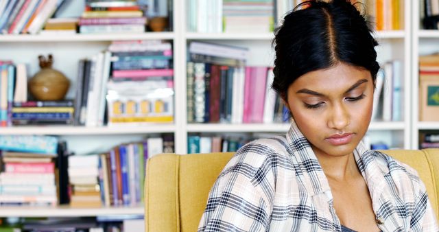 Focused Woman Engaged in Reading at Home Library - Download Free Stock Images Pikwizard.com