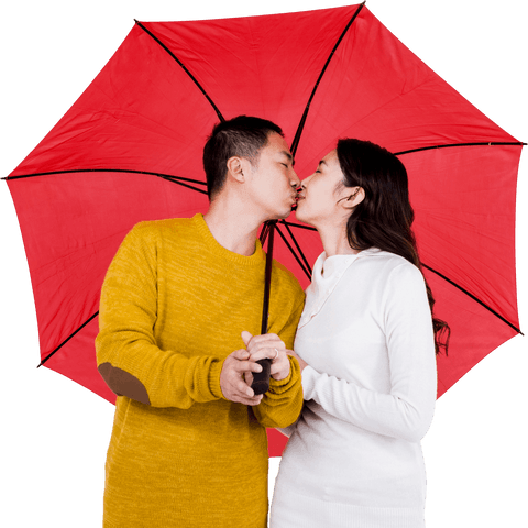Couple kissing under red umbrella on transparent background
