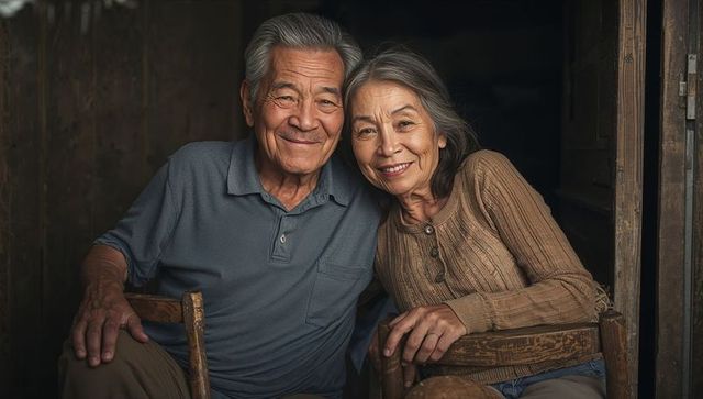 Senior asian couple leaning together in rustic doorway embracing warmth and companionship