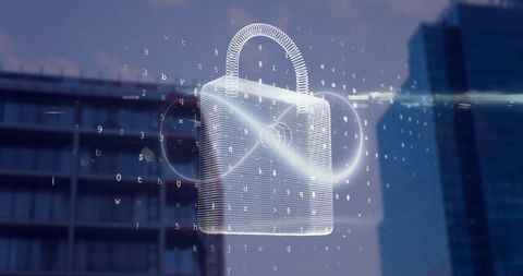 Futuristic padlock and infinity symbol over cityscape