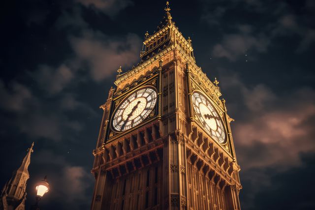 Big Ben illuminated against the night sky, showcasing its intricate architectural details. Perfect for travel guides, tourism promotion, educational materials about historical landmarks, and UK-themed content.
