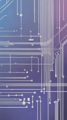 Vertical tech video panning across futuristic circuit traces and network nodes on purple gradient
