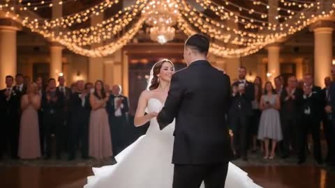 Bride and Groom Spinning During First Dance Under Sparkling String Lights and Chandelier