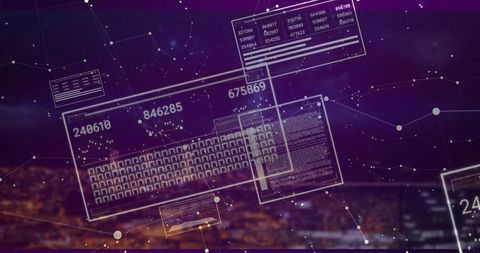 Futuristic UI Panels Overlooking City Skyline with Network Nodes