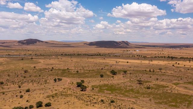 Panoramic savanna stretching toward distant mesas under dramatic cloud-flecked blue sky