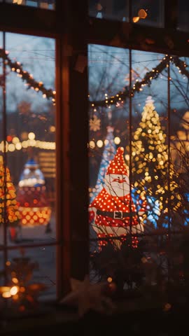 Vertical holiday video of twinkling lights through window with polka-dot Santa and glowing trees